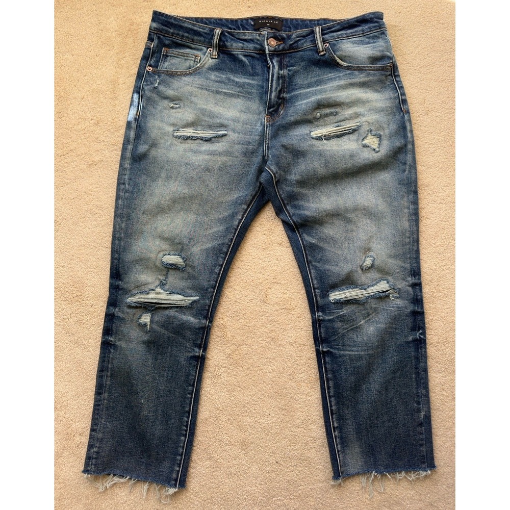 Richie Le Distressed Slim Taper Jeans Men's Blue Raw Hem Whiskered Denim Size 36